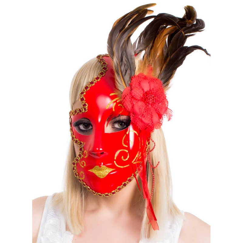 Red 3/4 Face Masquerade Mask with Feathers