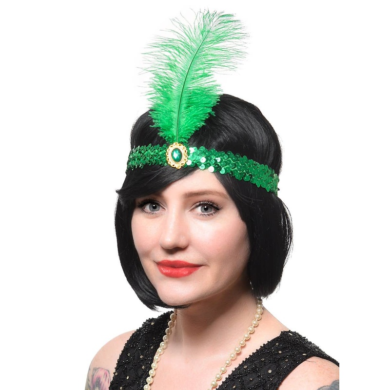 1920s Green Sequin Flapper Costume Headband with Large Feather