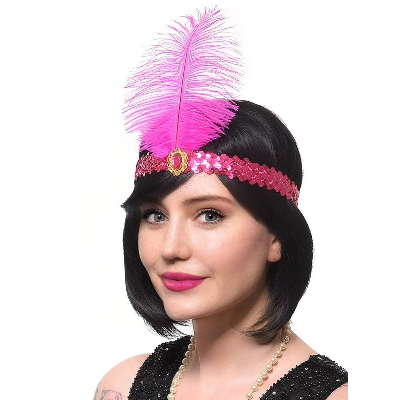 1920s Hot Pink Sequin Flapper Costume Headband with Large Feather