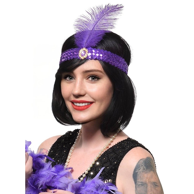 1920s Purple Sequin Flapper Costume Headband with Large Feather