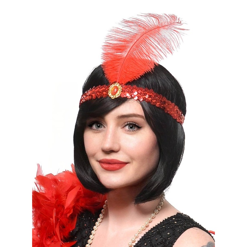 1920s Red Sequin Flapper Costume Headband with Large Feather
