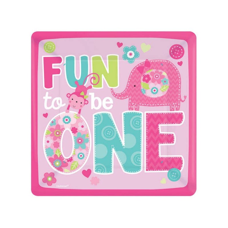 26cm One Wild Girl 1st Birthday 8 Pack Pink Paper Plates