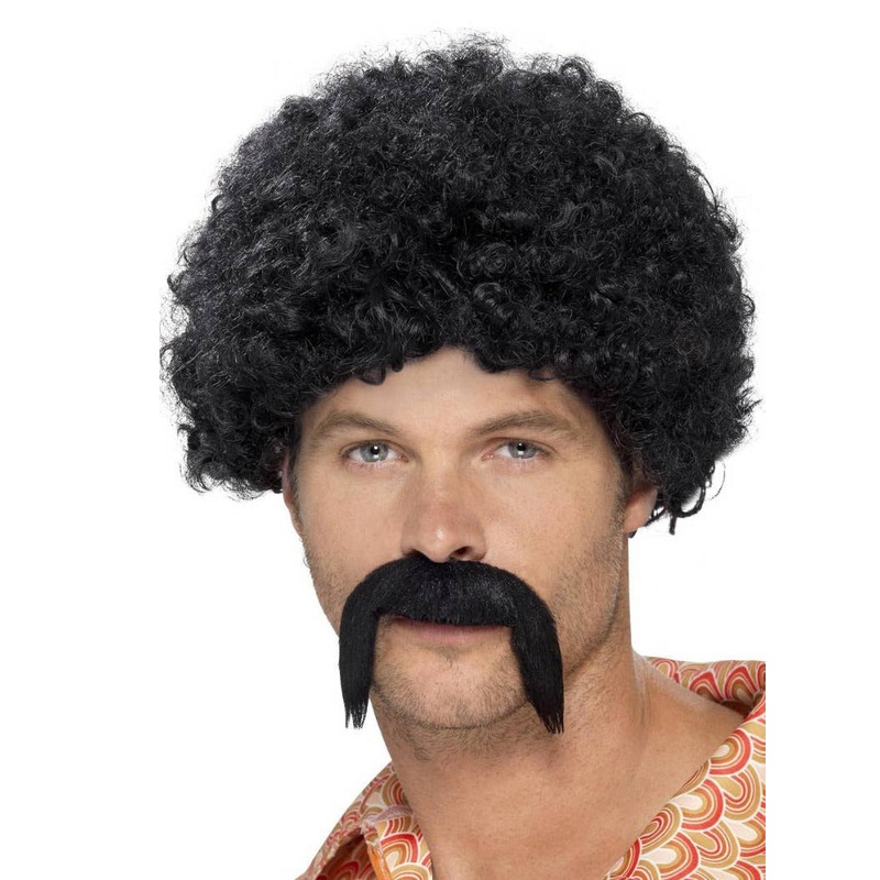 1970s Disco Dirtbag Black Wig and Moustache Set