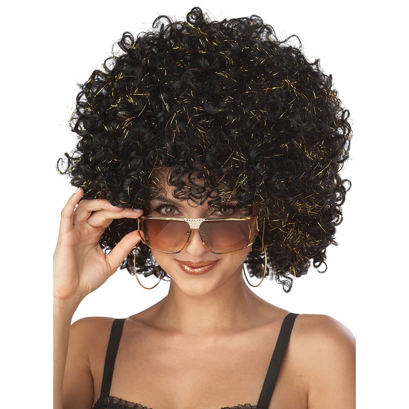 1970s Disco Glitter Womens Black Afro Costume Wig