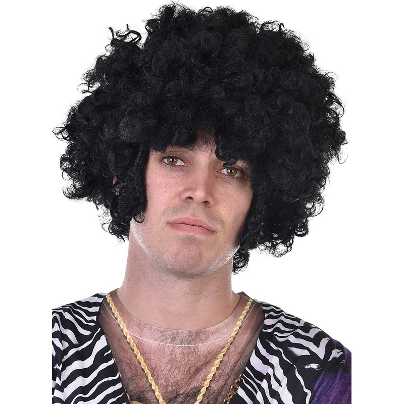 1970s Disco Mens Black Afro Wig with Side Chops
