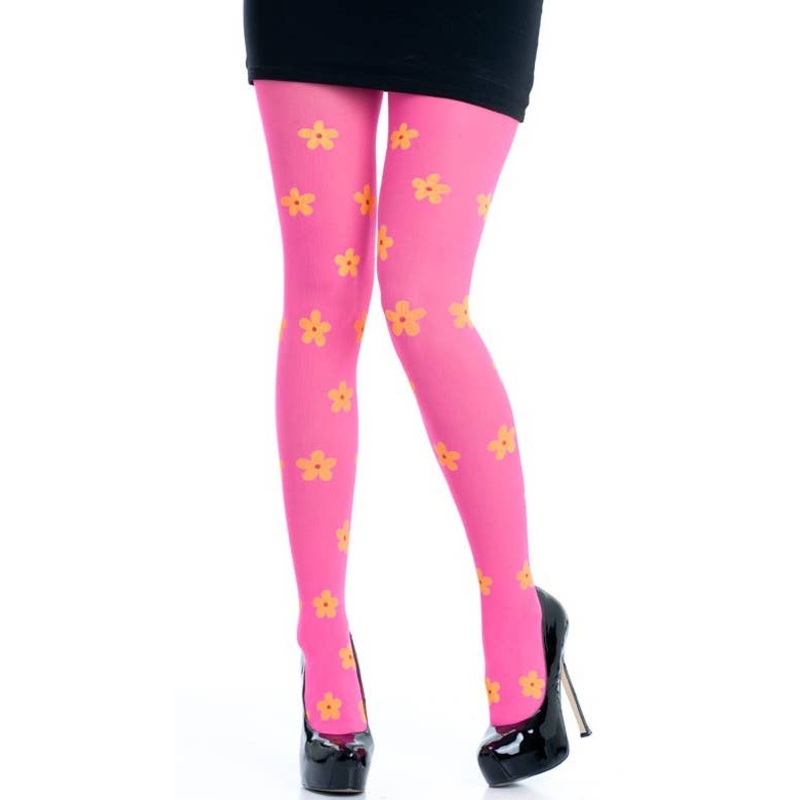 1970s Neon Pink Pantyhose with Yellow Flowers