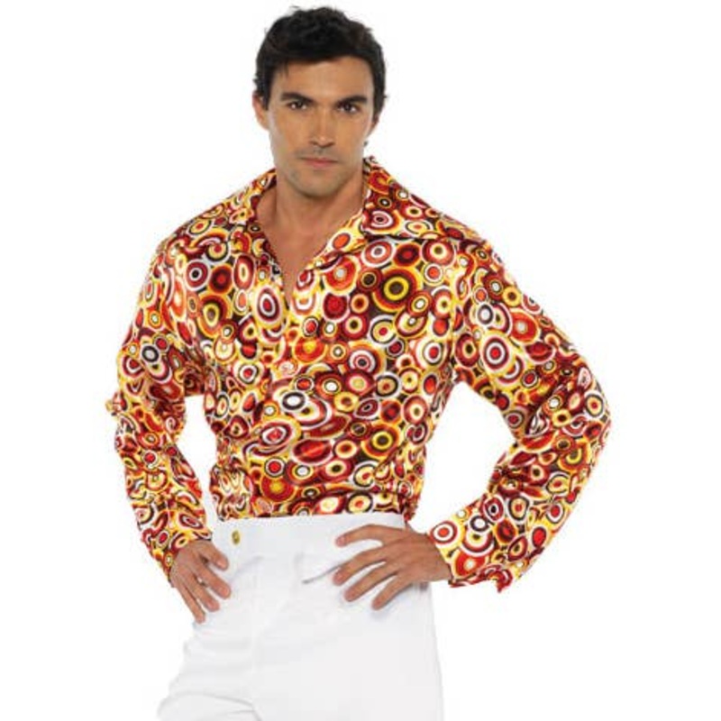 1970s Orange Circle Pattern Plus Size Mens Disco Shirt XXLarge