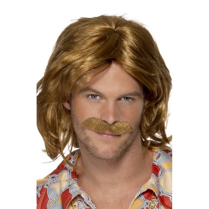 1970s Super Trouper Mens Brown Wig and Moustache