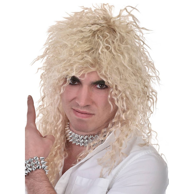 1980s Mens Crimped Blonde Rock Star Costume Wig