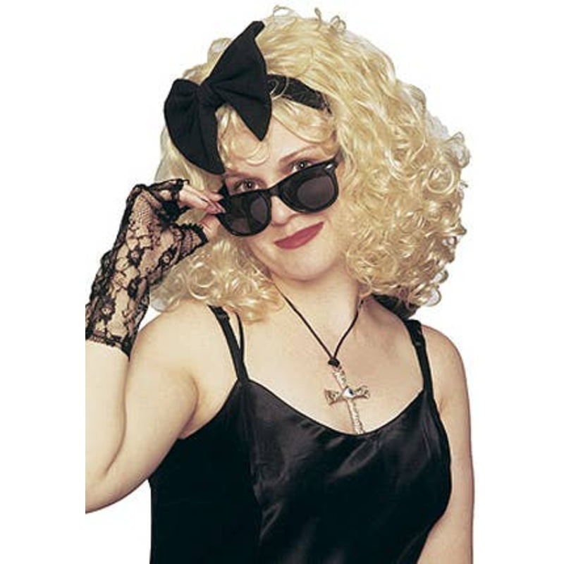 1980s Pop Star Womens Curly Blonde Wig With Bow