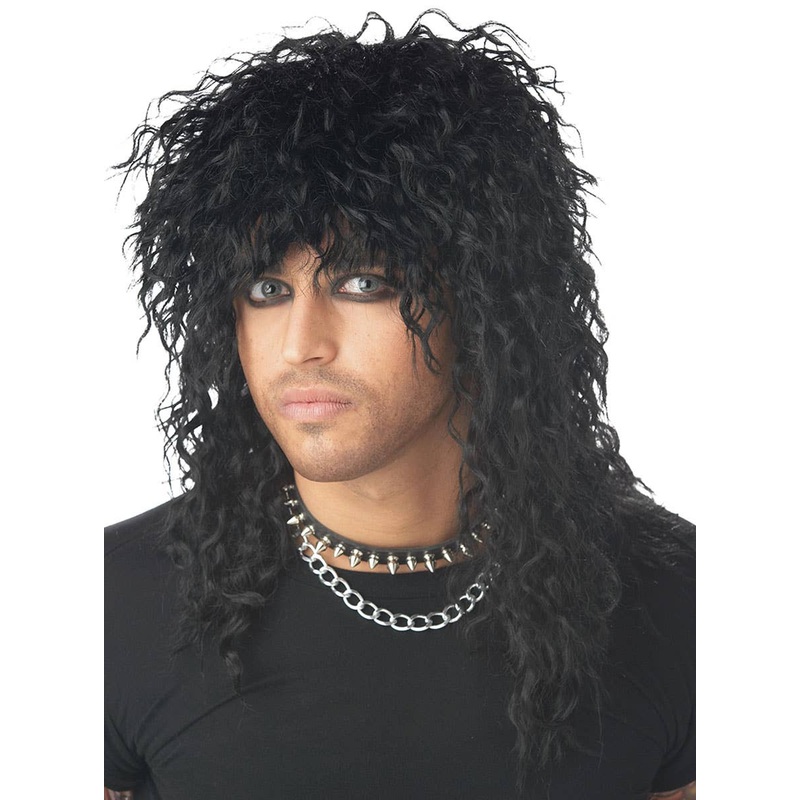 1980s Rock God Mens Black Headbanger Mullet Wig