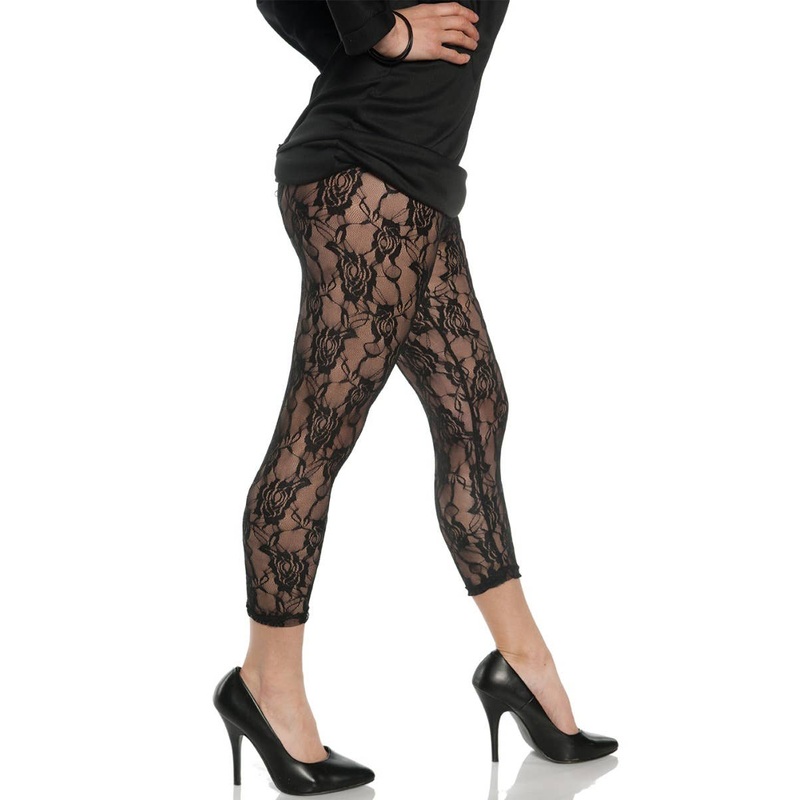 1980s Womens Floral Black Lace Costume Leggings Large