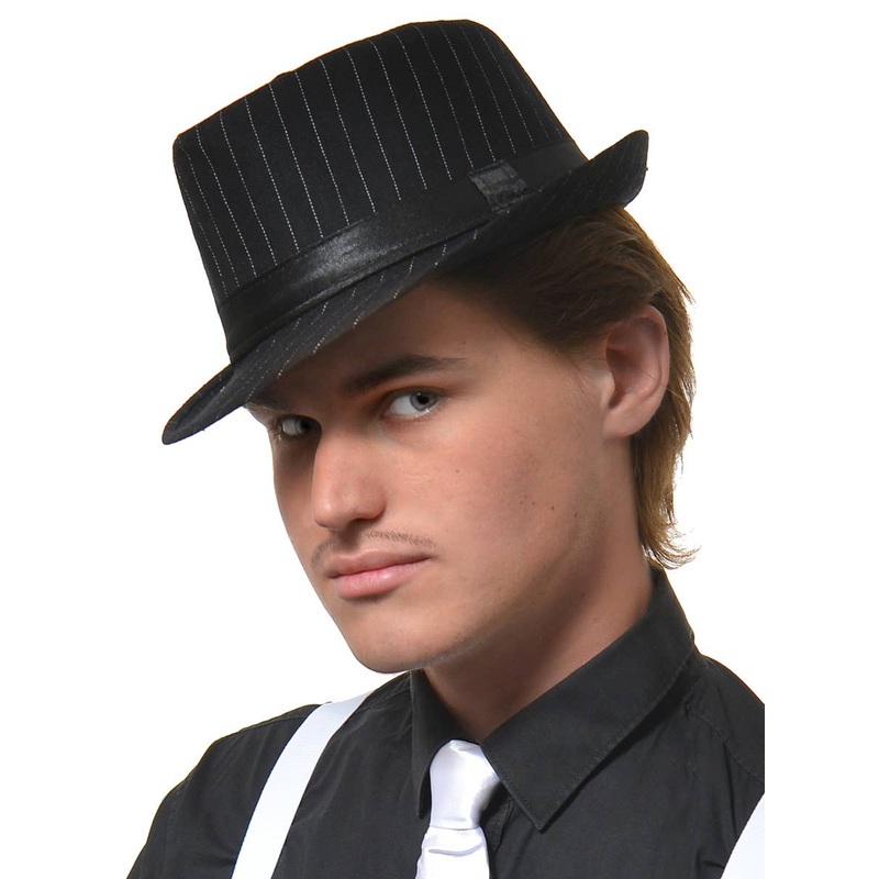 1920s Adults Black Gangster Trilby Hat with White Pinstripes