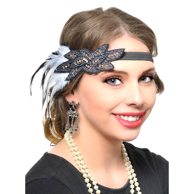 1920s Gatsby Black and White Feather Flapper Headpiece