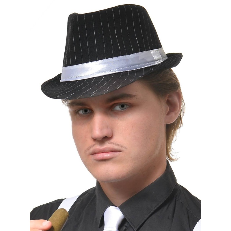 1920s Mens Black Gangster Pinstriped Trilby Hat with White Band