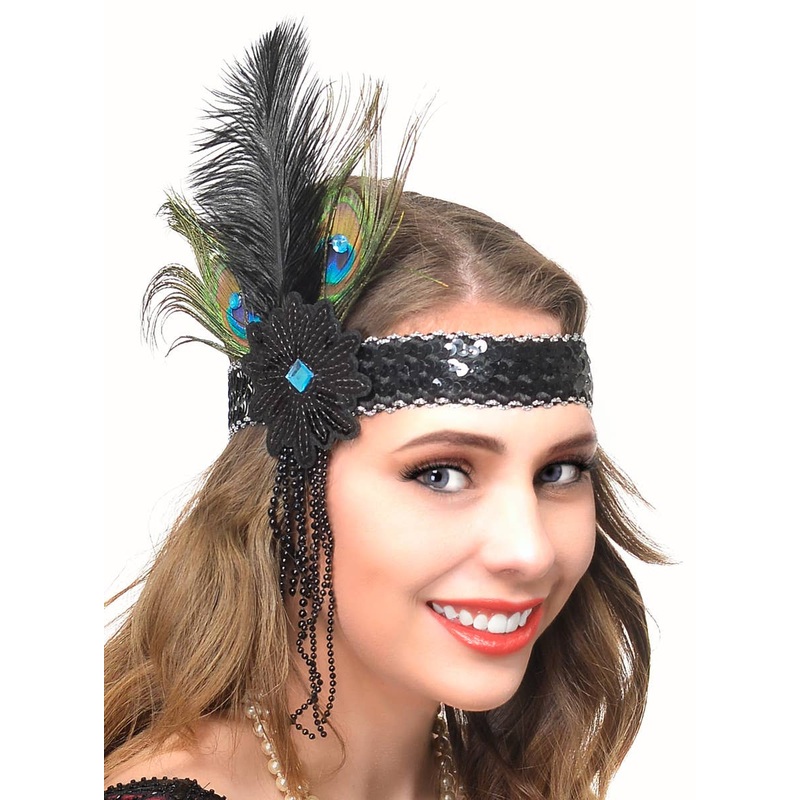 1920s Peacock Feather Flapper Headband with Beads and Flower