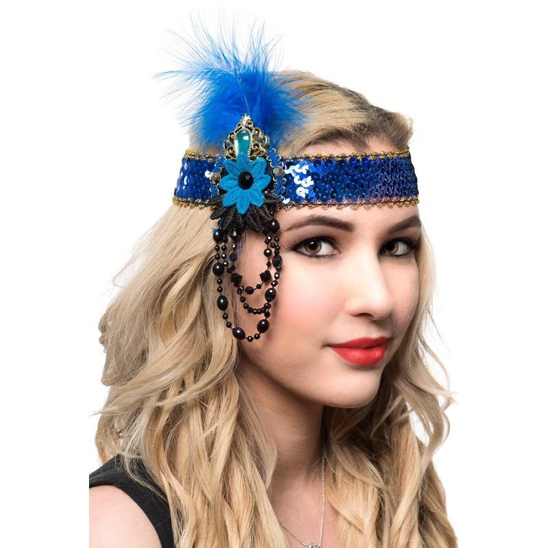 1920s Royal Blue and Gold Flapper Headband Costume Accessory