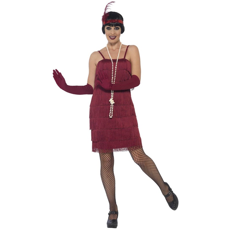1920s Short Burgundy Red Womens Flapper Dress Costume Large