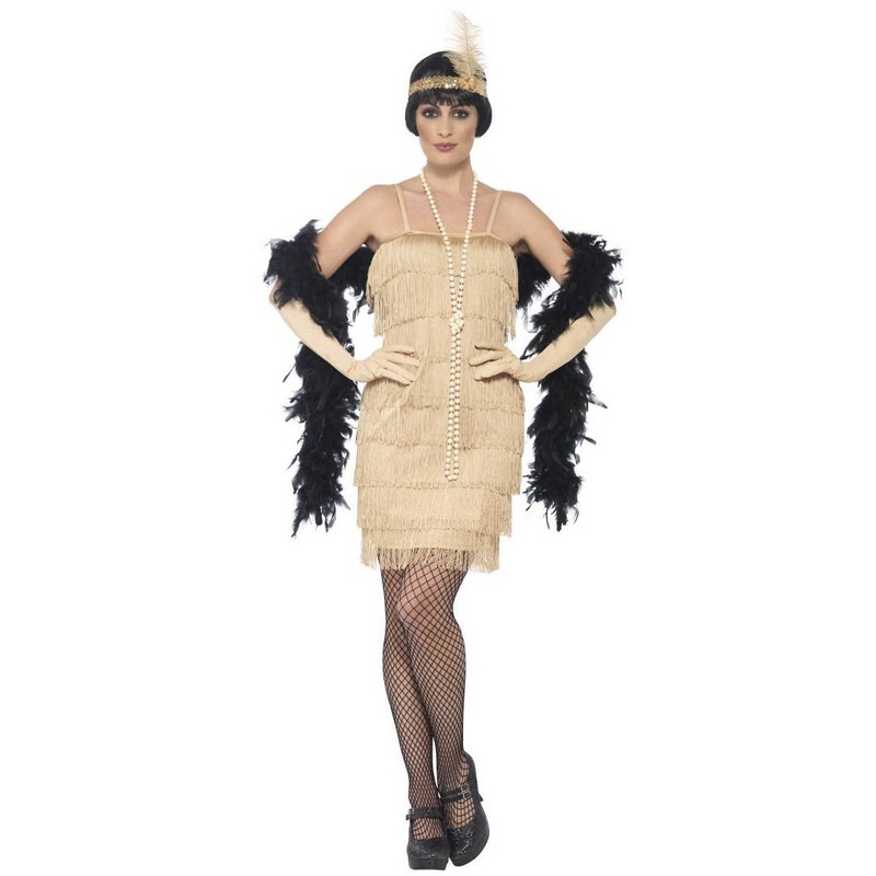 1920s Short Gold Fringed Womens Flapper Dress Costume Large