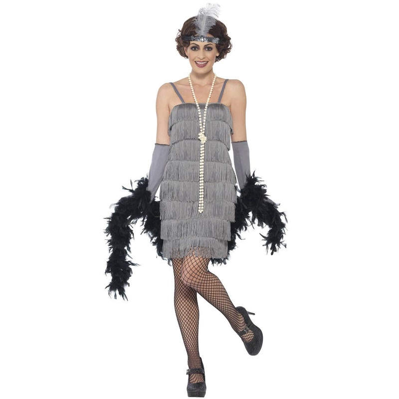 1920s Short Grey Fringed Womens Flapper Dress Costume Large