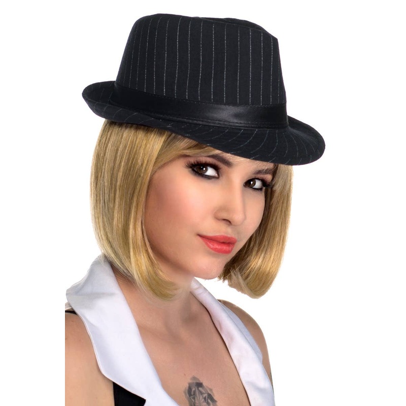 1920s Womens Black Gangster Trilby Hat with White Pinstripes