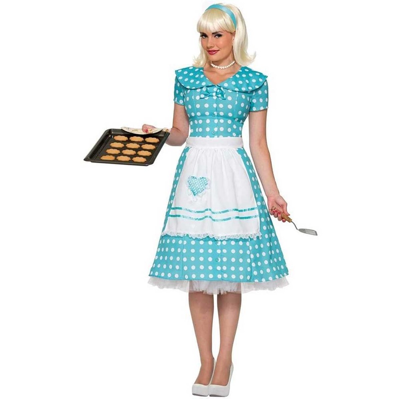 1950s Womens Blue Polka Dot Housewife Costume XS-S