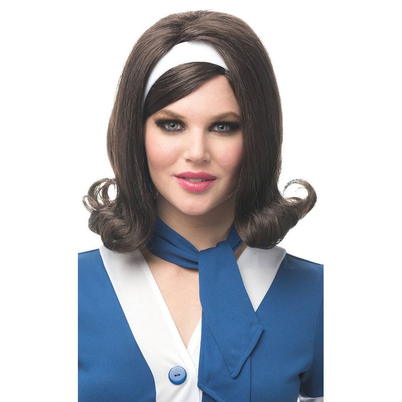 1960s Flicked Dark Brown Womens Costume Wig with Headband