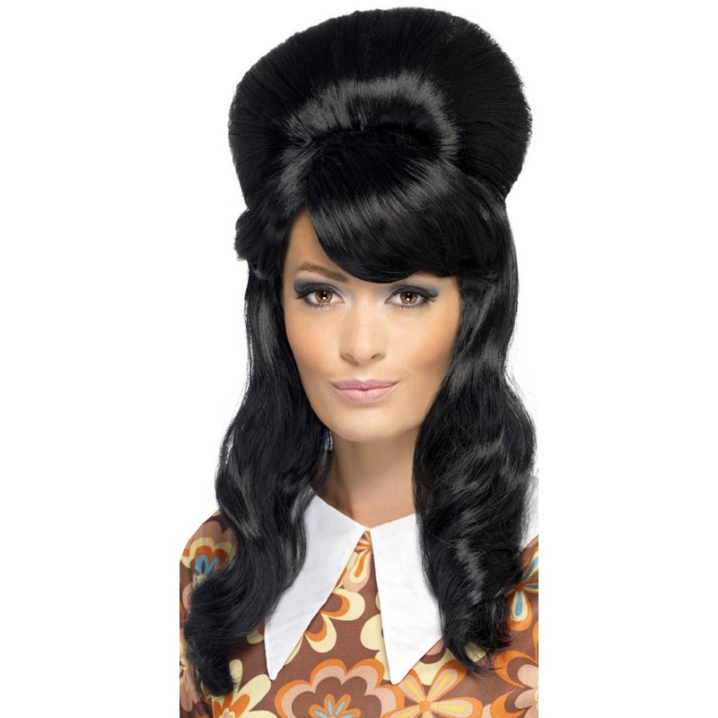 1960s Womens Black Brigitte Bouffant Beehive Costume Wig