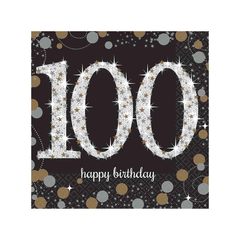 100th Birthday Black and Gold 16 Pack Lunch Napkins