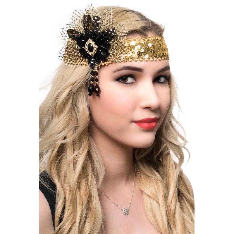 1920s Black and Gold Sequinned Flapper Headband