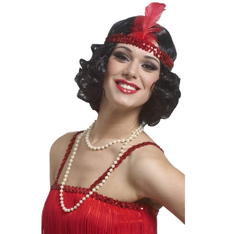1920s Curly Black Flapper Costume Wig With Red Headband
