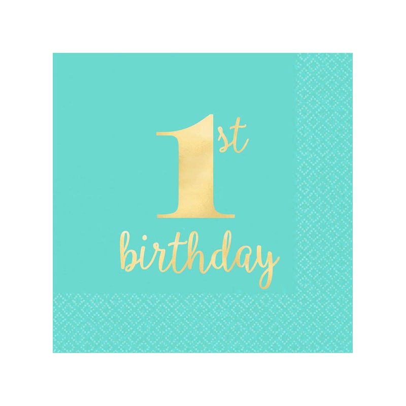 1st Birthday Boy Teal and Gold 16 Pack Beverage Napkins