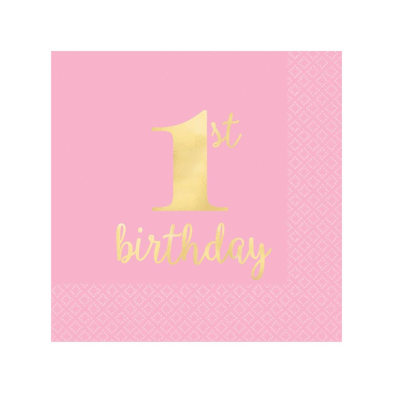 1st Birthday Girl Pink and Gold 16 Pack Beverage Napkins