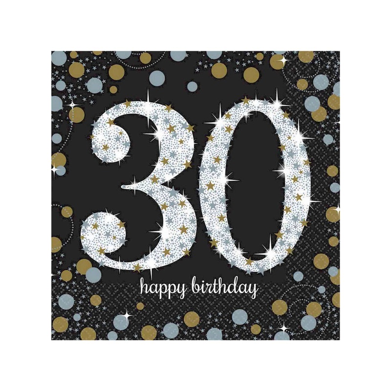 30th Birthday Black and Gold 16 Pack Lunch Napkins