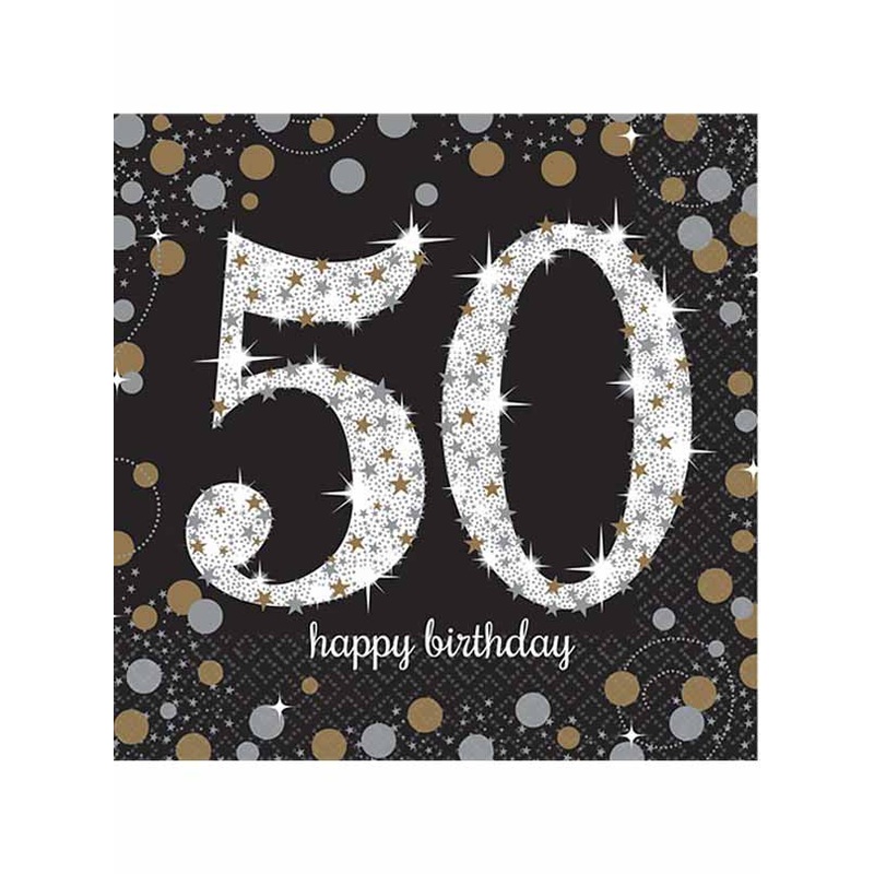 50th Birthday Black and Gold 16 Pack Lunch Napkins