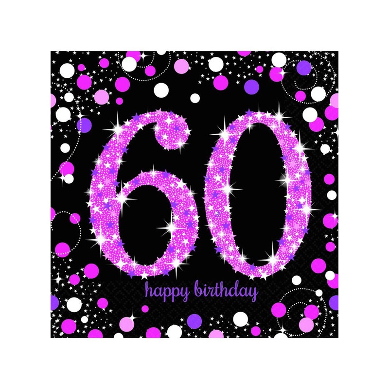 60th Birthday Black and Pink 16 Pack Lunch Napkins