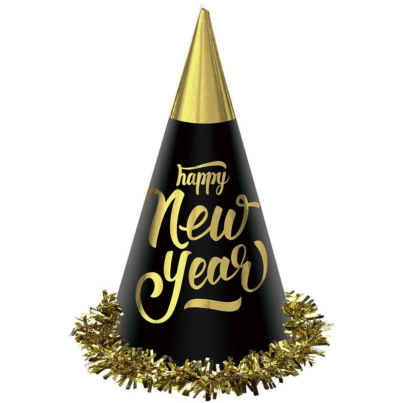 Happy New Year 4 Pack Of Black And Gold Party Hats