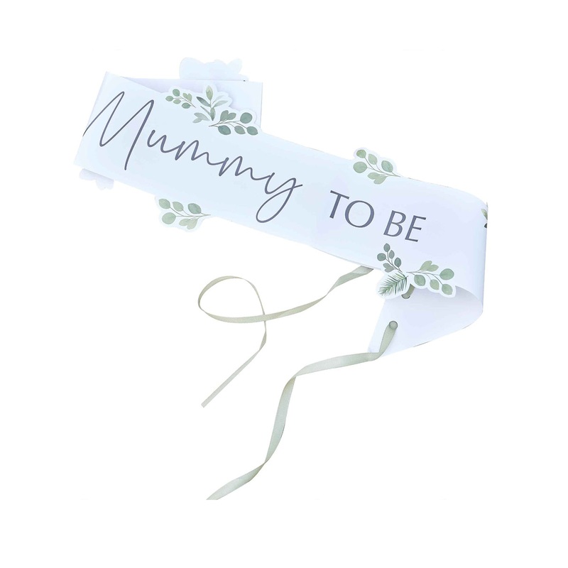 Botanical Baby Mummy to Be White and Green Party Sash