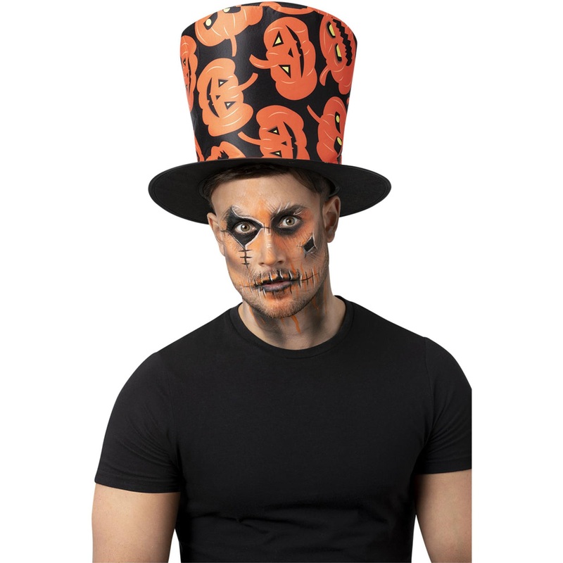 Spooky Black and Orange Pumpkin Print Halloween Top Hat