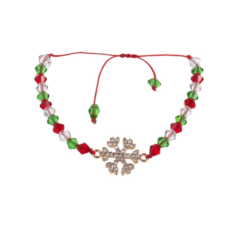Beaded Red and Green Christmas Bracelet with Gold Snowflake