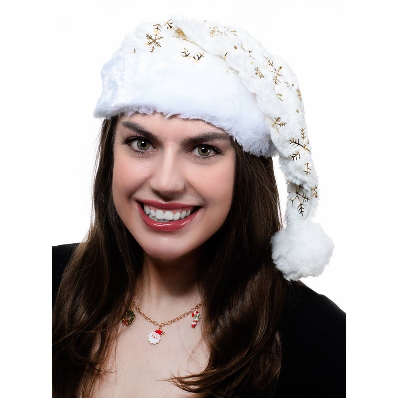 Extra Plush White Santa Hat with Gold Foil Snowflakes