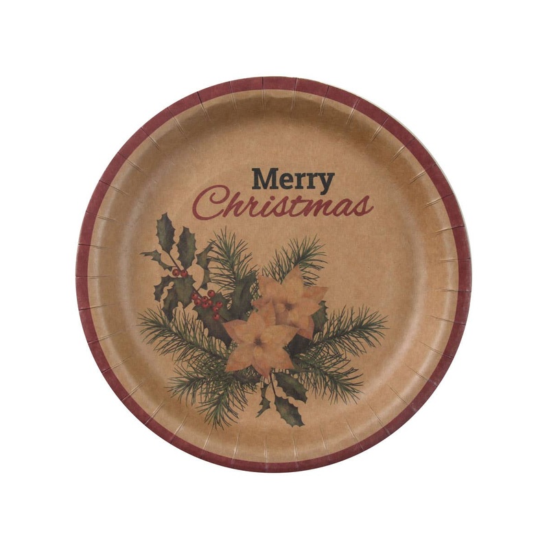 Merry Christmas Brown 23cm Round Paper Plates