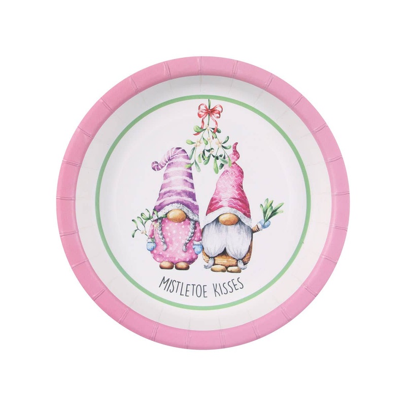 Pink Christmas Gnomes 18cm Round 10 Pack Paper Plates