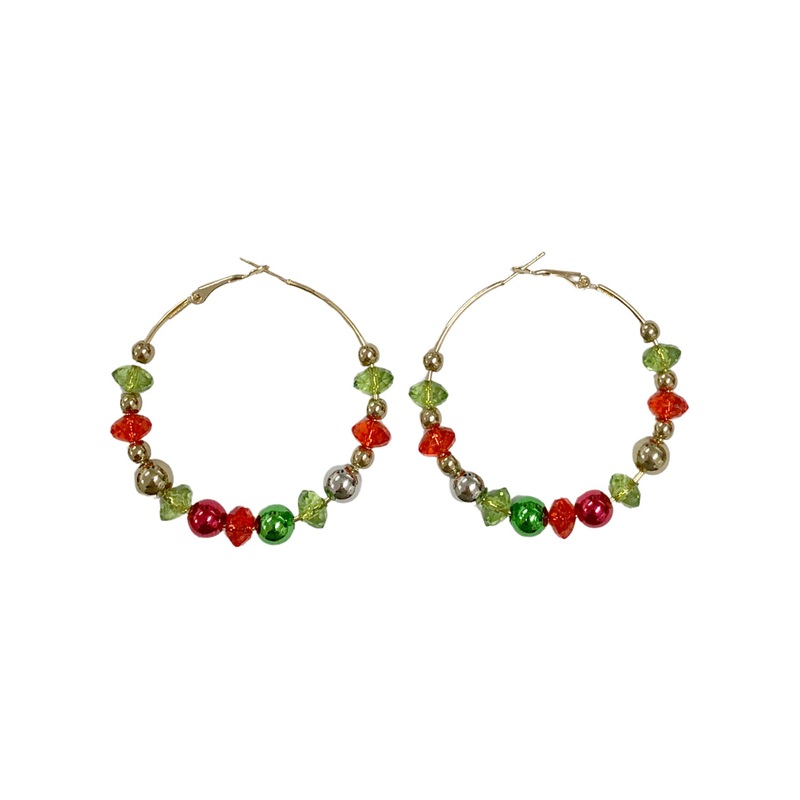 Beaded Red and Green Gold Hoop Christmas Earrings