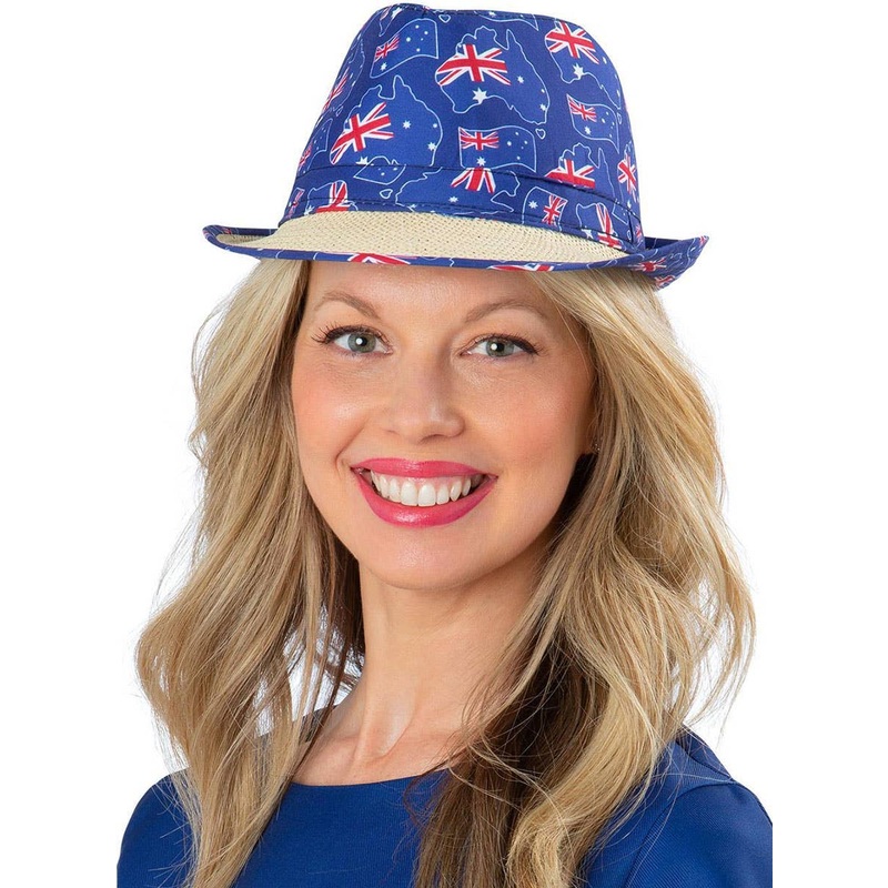 Blue Australian Flag Print and Woven Straw Trilby Hat