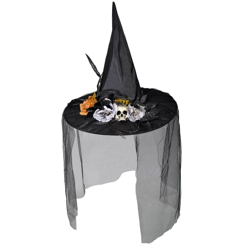 Deluxe Black Veiled Witch Hat with Skull and Flowers