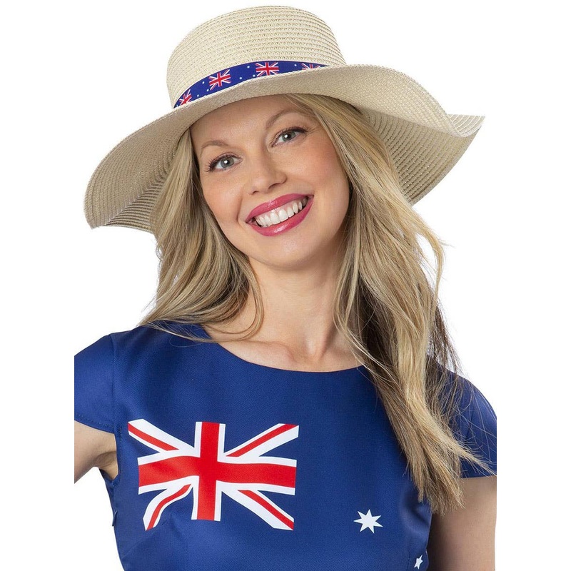 Floppy Straw Sun Hat with Aussie Flag Print Band