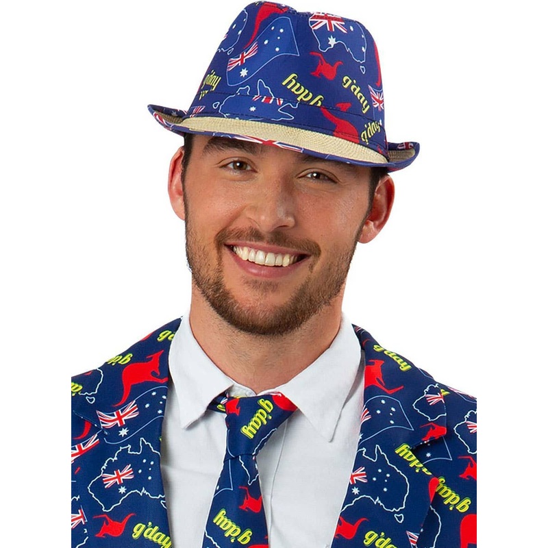 G’Day Blue Australian Print and Woven Straw Trilby Hat