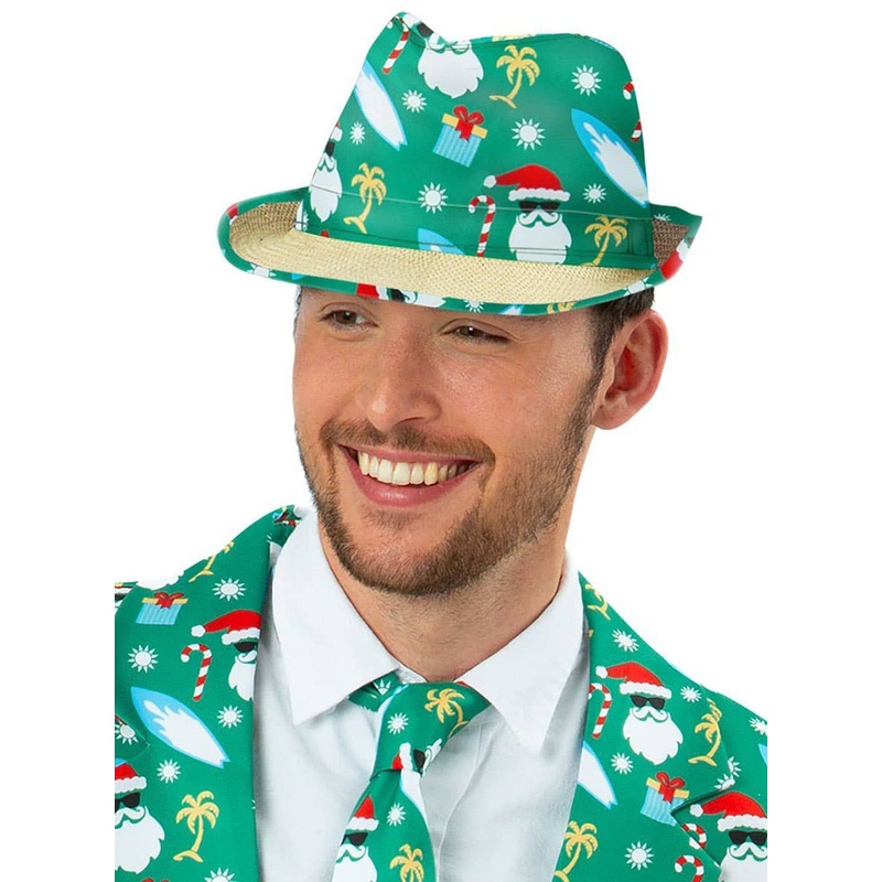 Green Australian Christmas Print and Woven Straw Trilby Hat