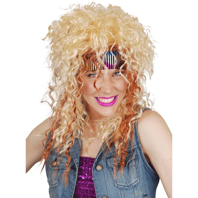 Rocker Womens Blonde 1980s Curly Costume Wig